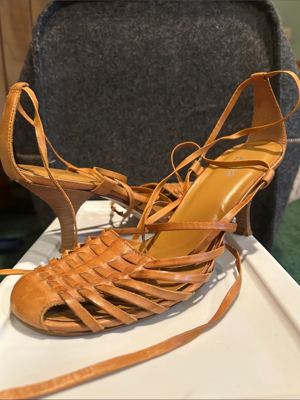 Diba Leather Woven Lace-Up Espadrille Heels in Tan